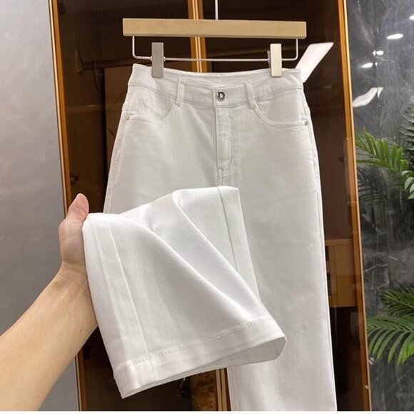 New women white Jeans Straight High Waisted Wide Leg Demin Pants - Picture 2 of 7